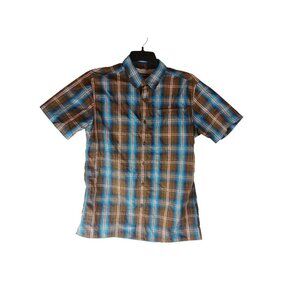 Eddie Bauer Mens Shirt Brown Blue Plaid Mesh Lined Button Down Workwear Size M